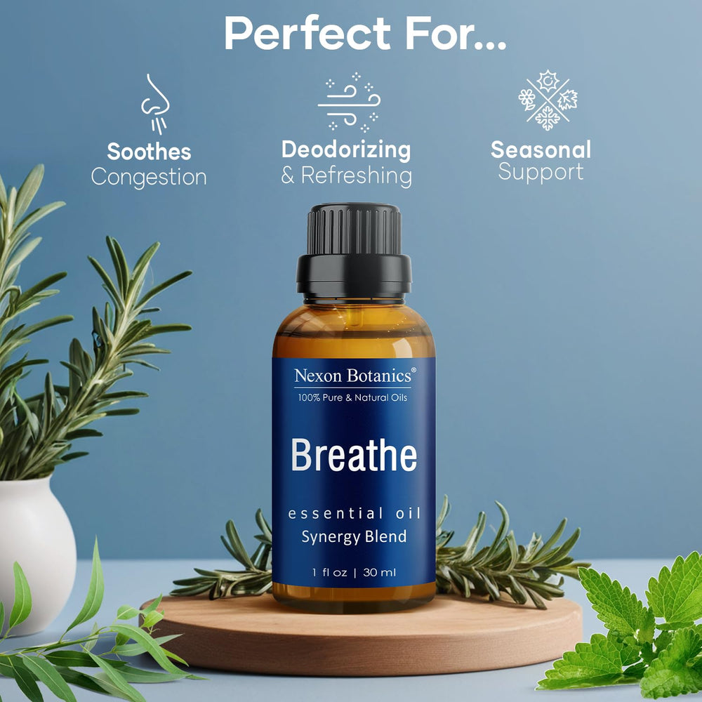 Nexon Botanics Breathe essential oil diffuser scene delivering crisp, invigorating scent.