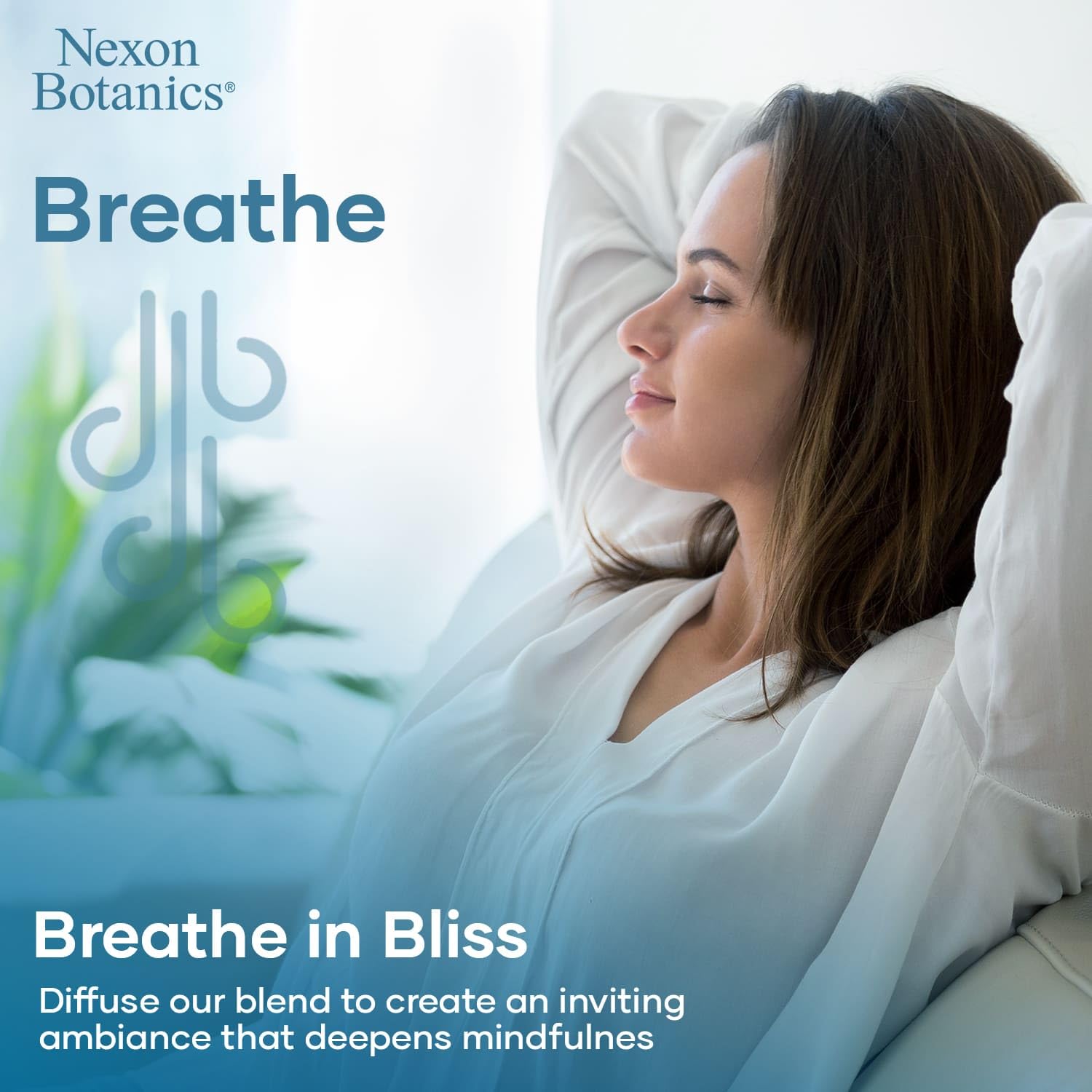 Nexon Botanics Breathe bottle shown with steam to suggest aromatherapy showers.