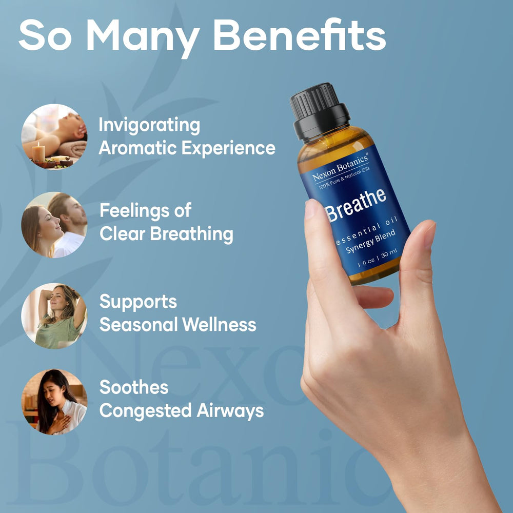 Nexon Botanics Breathe product with eucalyptus hints for respiratory comfort in diffusers.