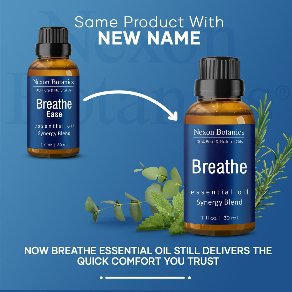 Nexon Botanics Breathe essential oil bottle with peppermint imagery suggesting cooling breath.