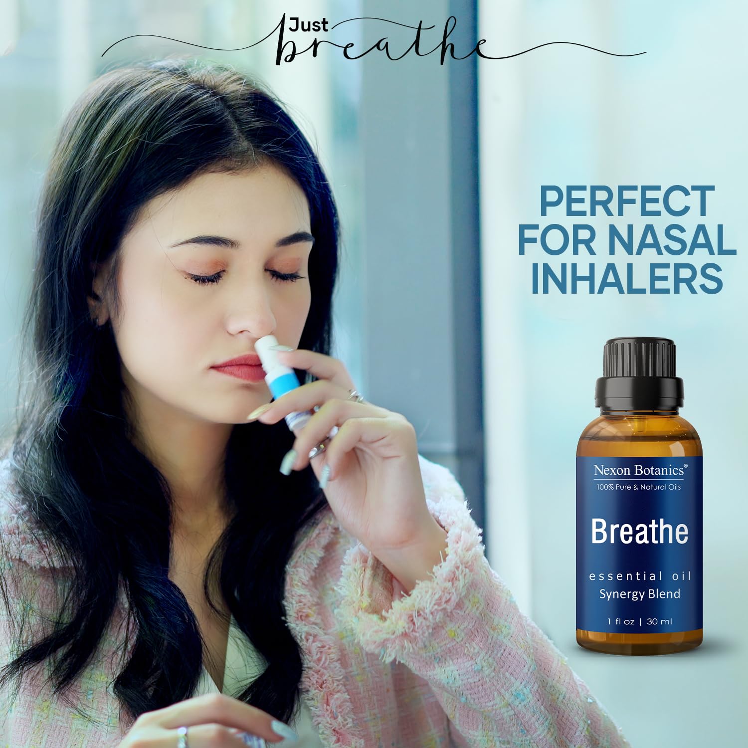 Nexon Botanics Breathe blend label highlights rosemary and peppermint for mood lift.