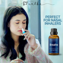 Nexon Botanics Breathe blend label highlights rosemary and peppermint for mood lift.