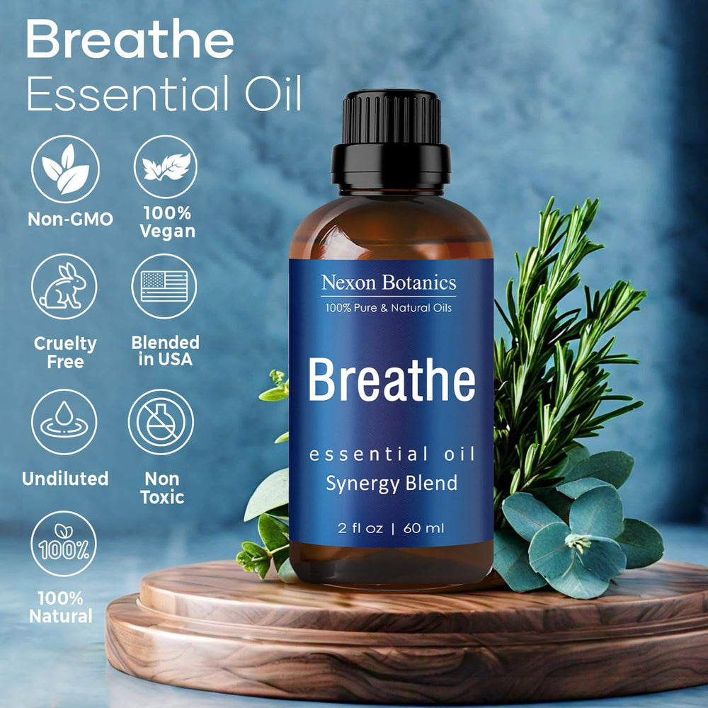 Ingredients panel highlighting eucalyptus, rosemary, peppermint, and niaouli oils.
