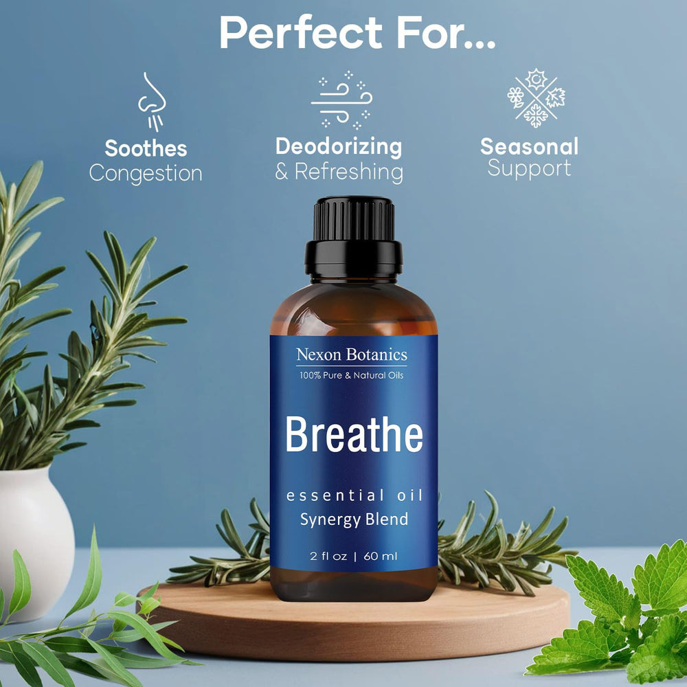 Nexon Botanics Breathe packaging emphasizes hexane-free and therapeutic grade.