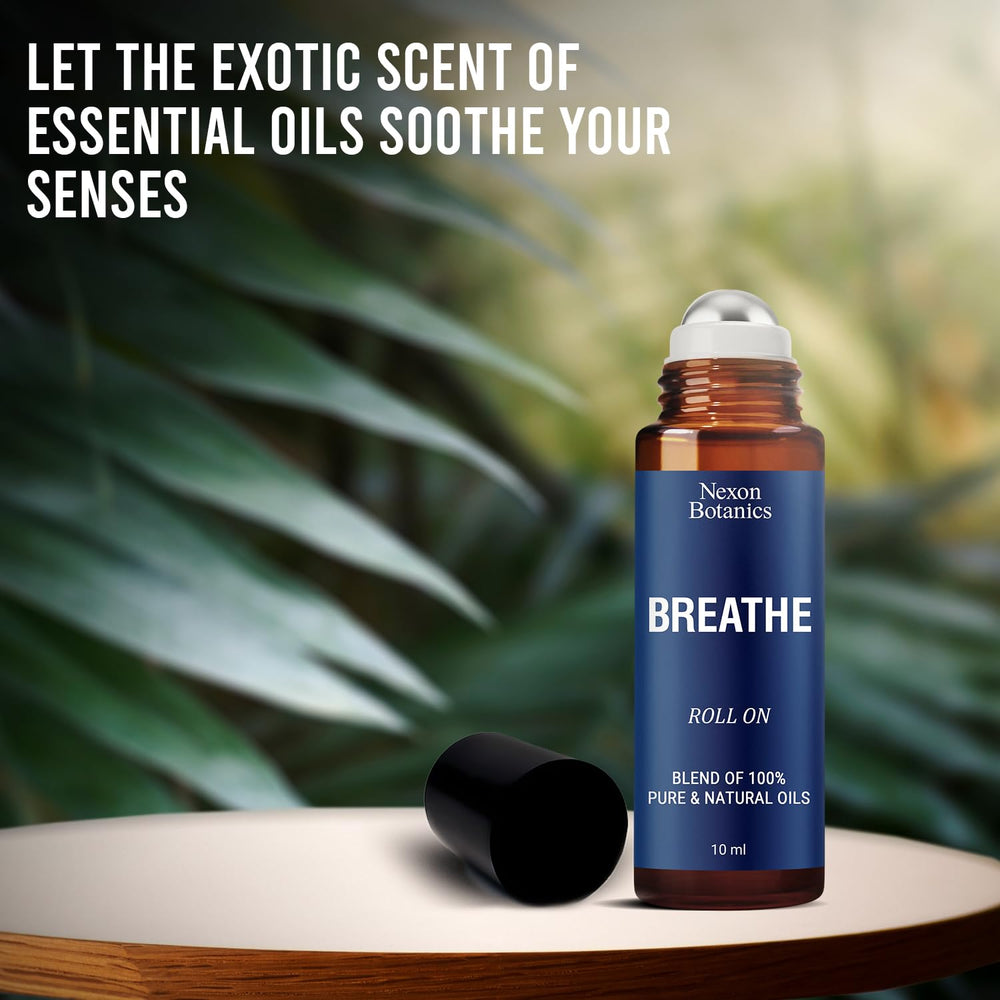 Nexon Botanics Breathe roll-on packaging box for convenient daily aromatherapy.
