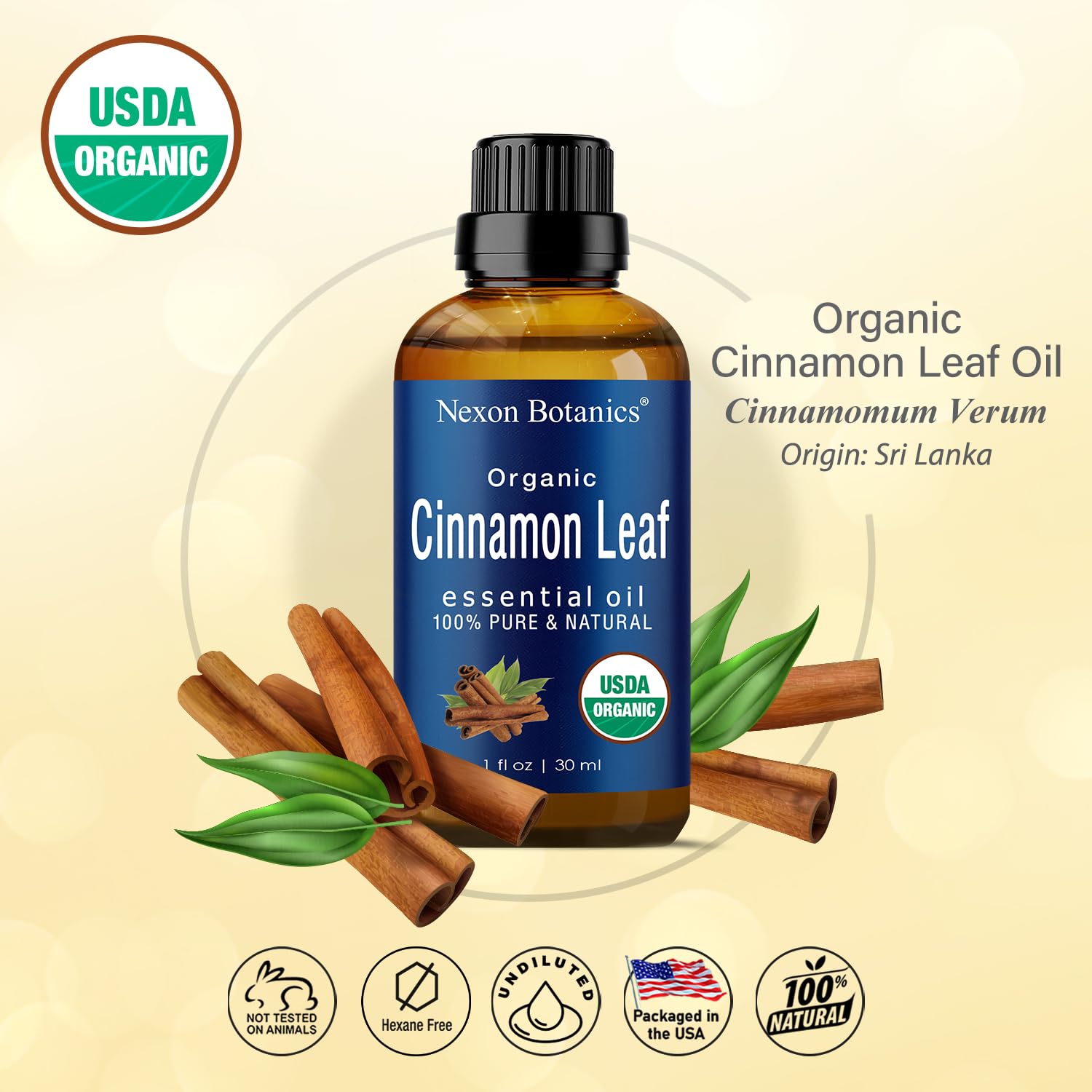 Nexon Botanics cinnamon oil in diffuser setup for aromatherapy