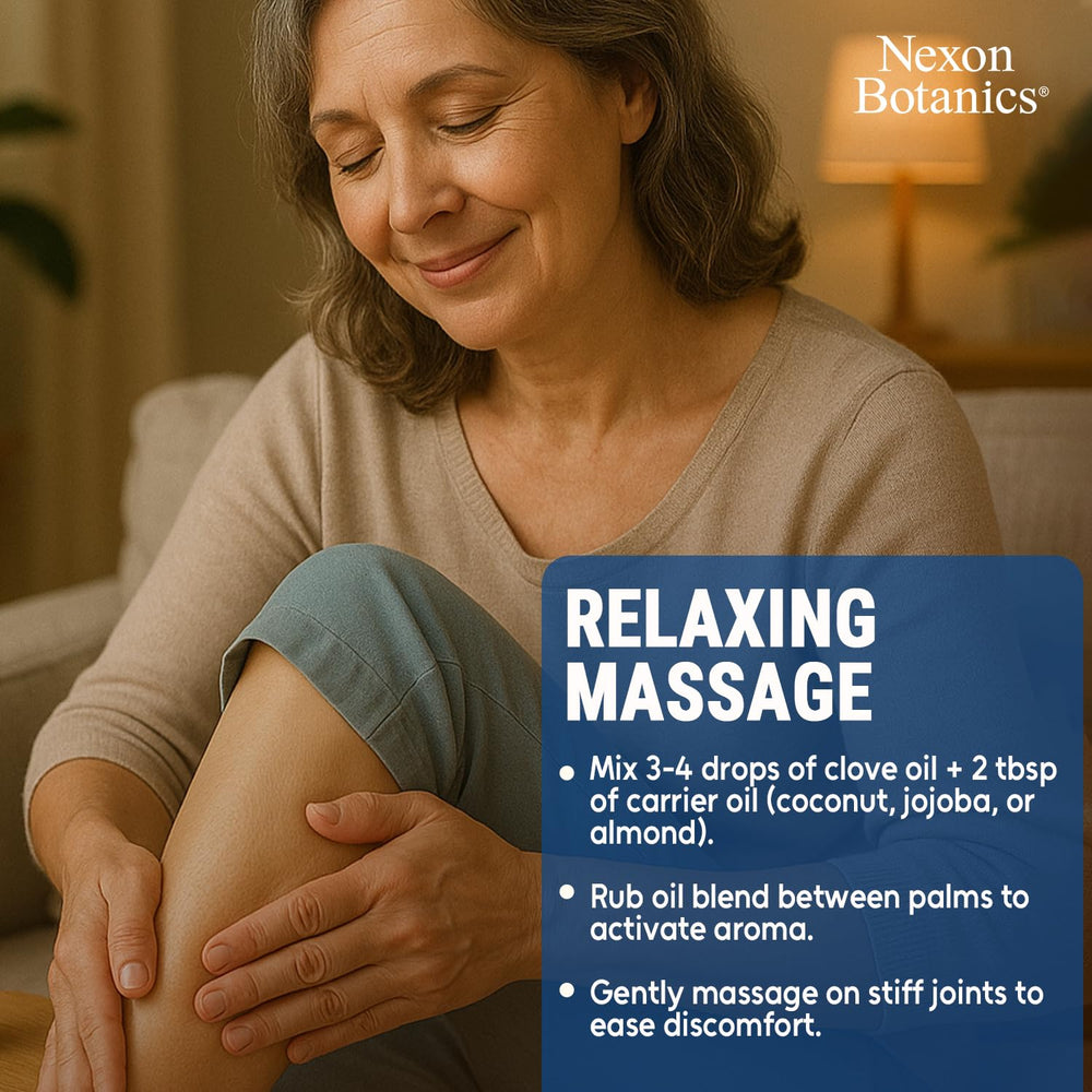 Nexon Botanics clove oil in a massage blend for gentle muscle relaxation