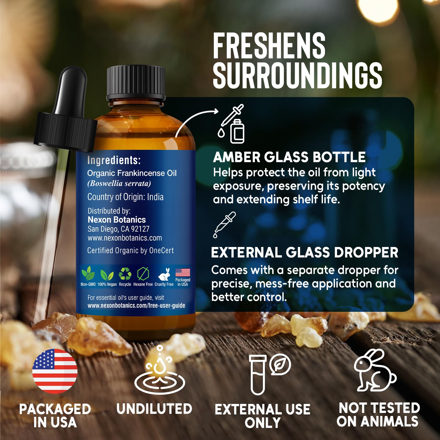 Nexon Botanics Frankincense Oil supports skin tone in routines.