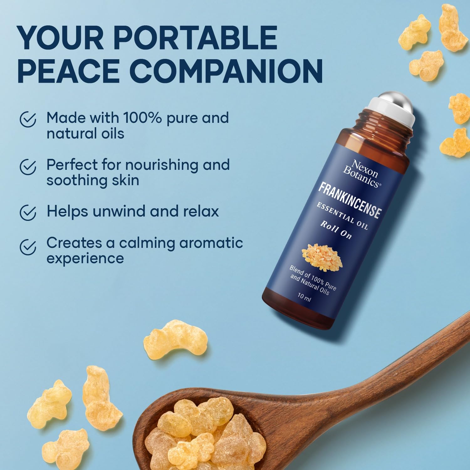 Nexon Botanics Frankincense Roll-On on pulse points for a calming aromatherapy moment.