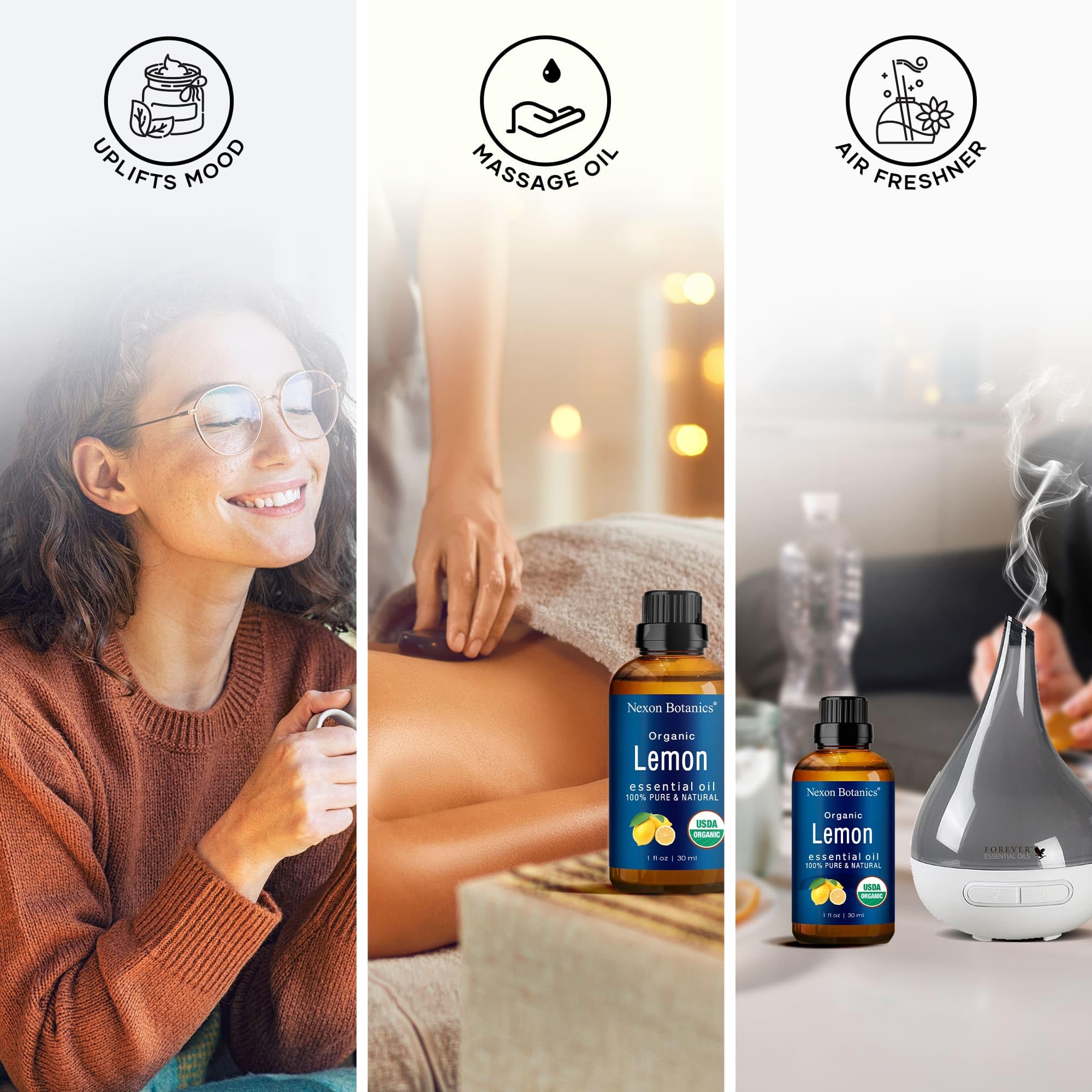 Nexon Botanics Lemon Essential Oil diffuser setup enhances fresh, uplifting ambience.