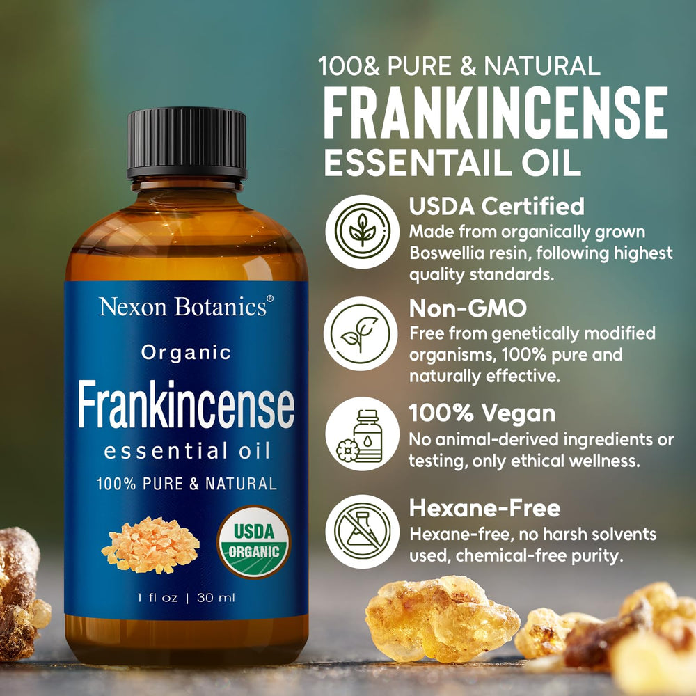 Nexon Botanics Organic Frankincense Oil label showing purity.