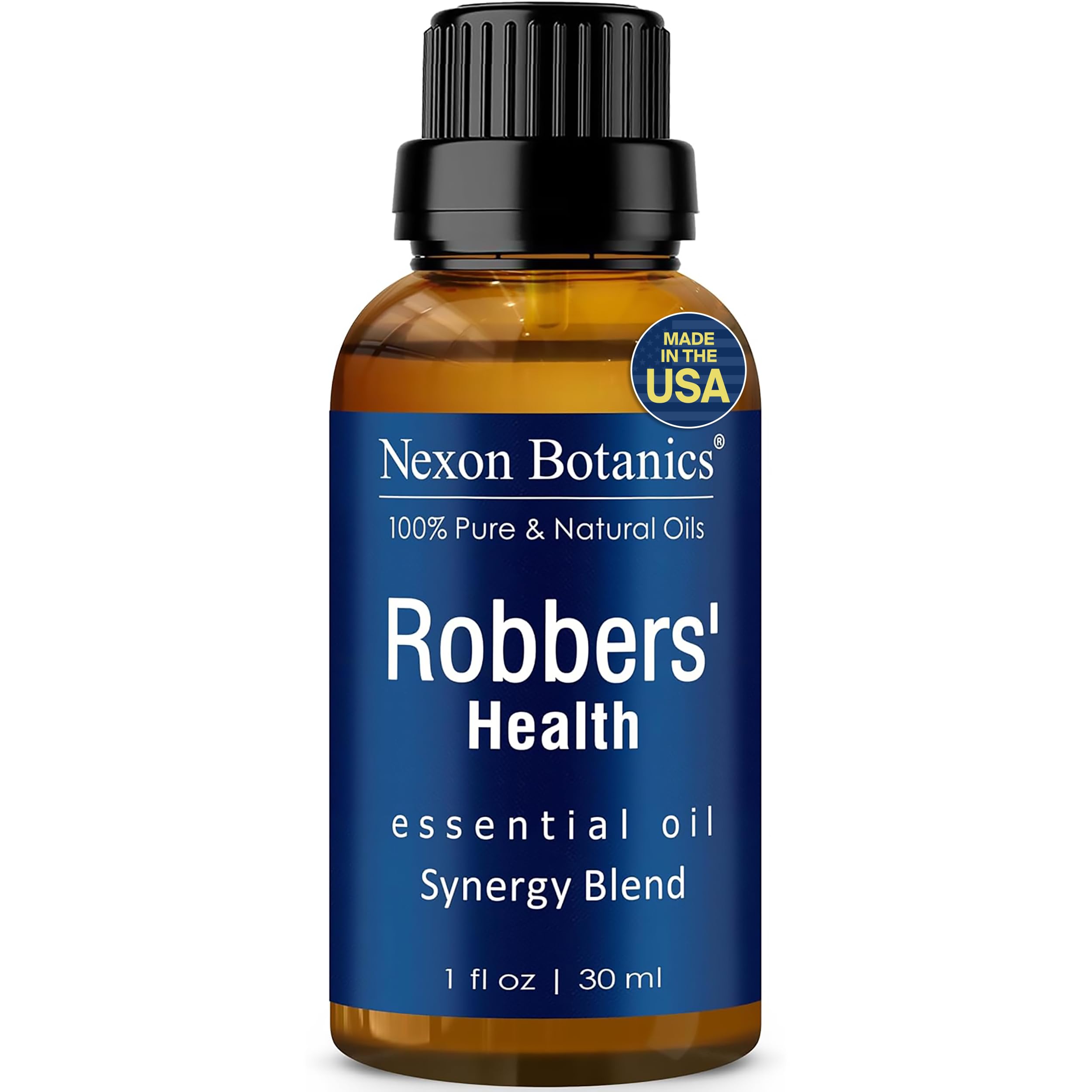 Nexon Botanics Robbers Health Oil bottle for aromatherapy and skin-safe topical use.