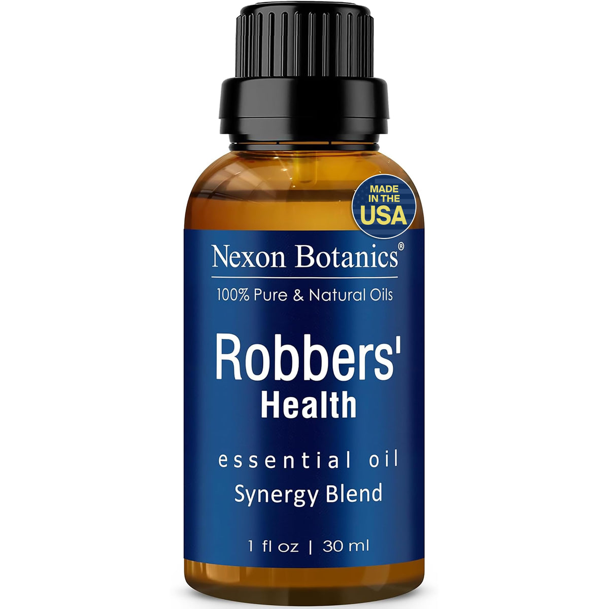 Nexon Botanics Robbers Health Oil bottle for aromatherapy and skin-safe topical use.