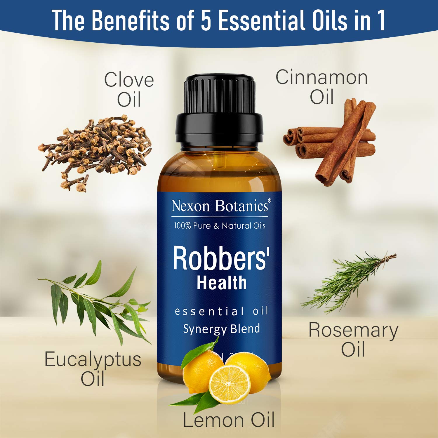 Nexon Botanics Robbers Health Oil ingredients highlight eucalyptus, lemon, rosemary.