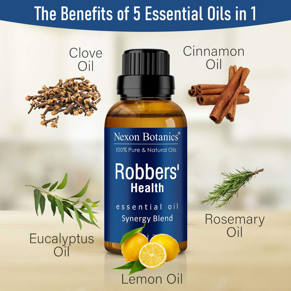 Nexon Botanics Robbers Health Oil ingredients highlight eucalyptus, lemon, rosemary.