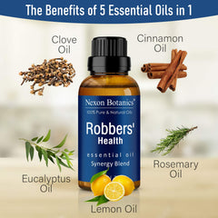 Nexon Botanics Robbers Health Oil ingredients highlight eucalyptus, lemon, rosemary.