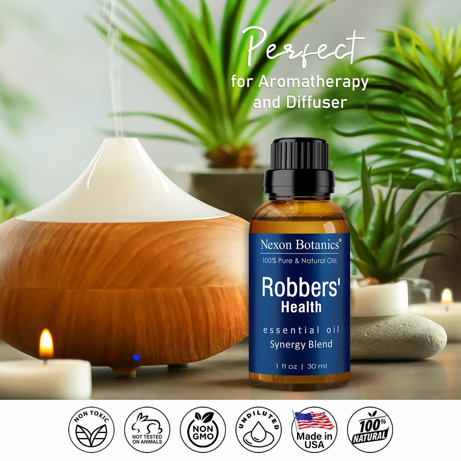 Nexon Botanics Robbers Health Oil packaging showcases the 4 Thieves formulation.