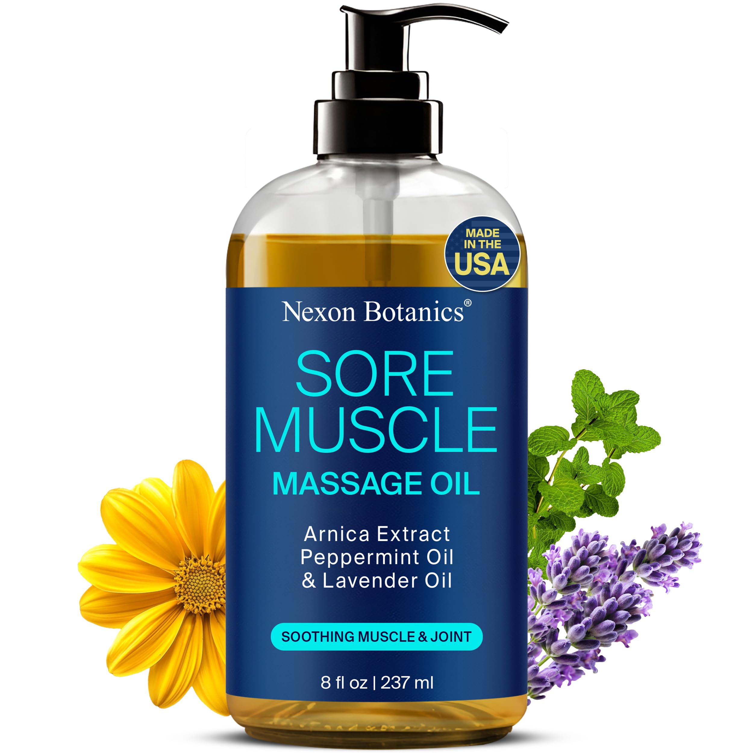 Nexon Botanics sore muscle massage oil bottle pour for easy application and targeted use.