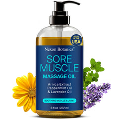 Nexon Botanics sore muscle massage oil bottle pour for easy application and targeted use.