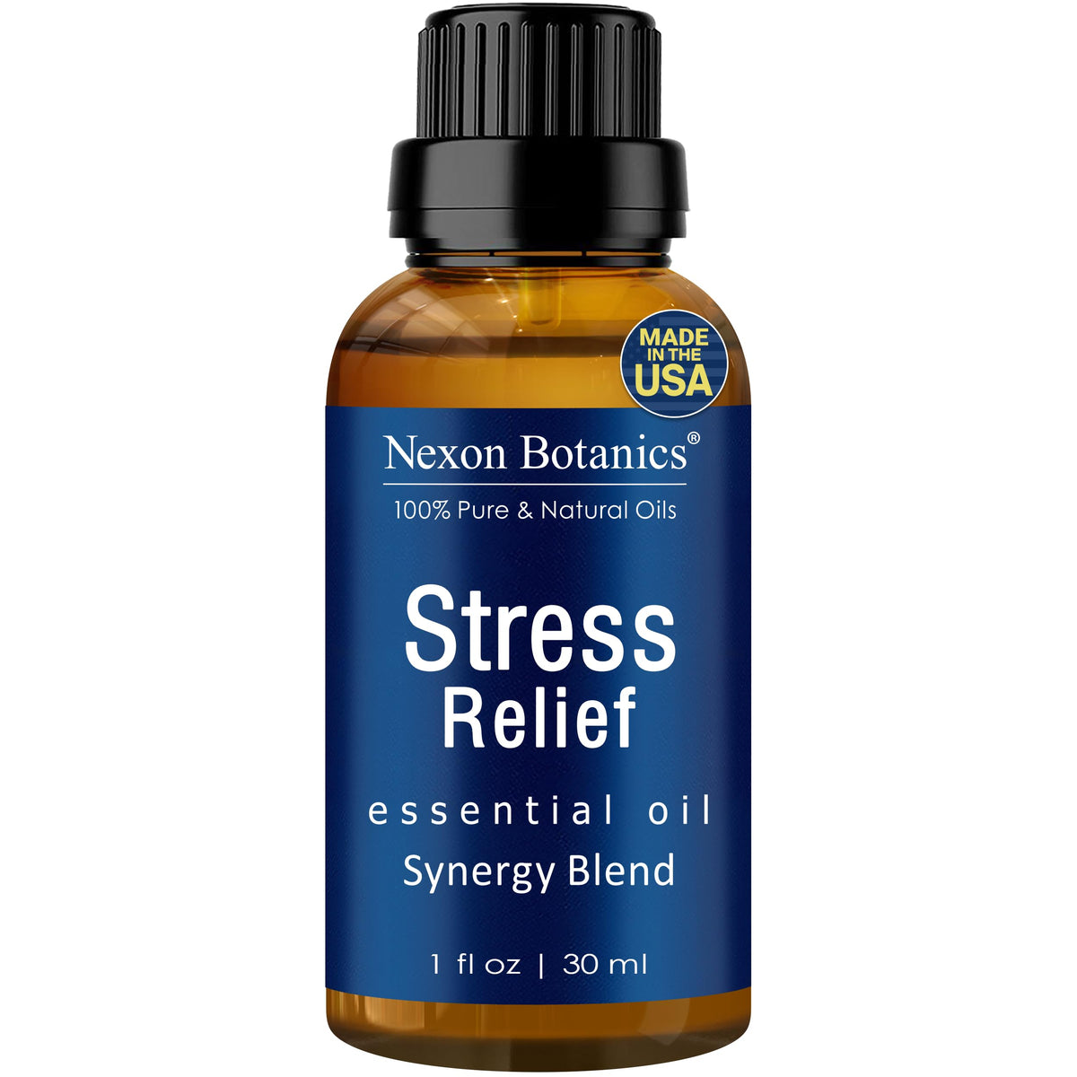 Nexon Botanics Stress Relief bottle on a calm desk for relaxing evenings