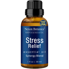 Nexon Botanics Stress Relief bottle on a calm desk for relaxing evenings