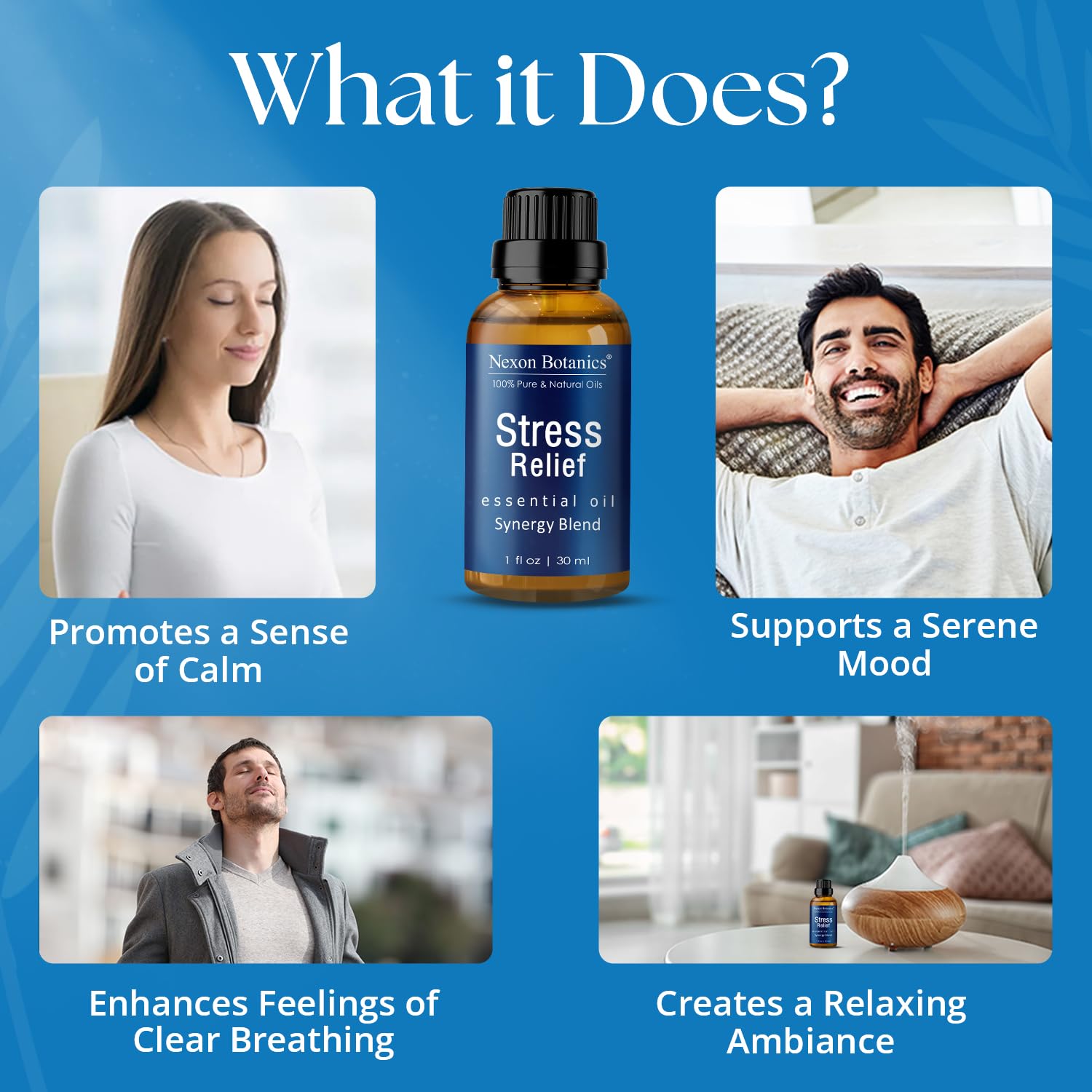 Nexon Botanics Stress Relief diffuser releasing soothing aroma in living room