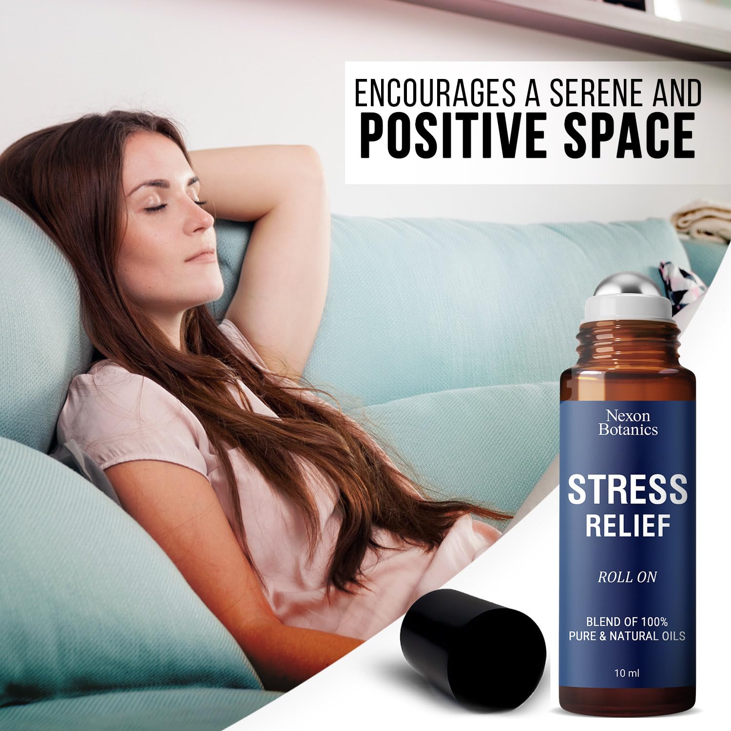 Nexon Botanics Stress Relief Roller applied behind the ear for quick mood calm.