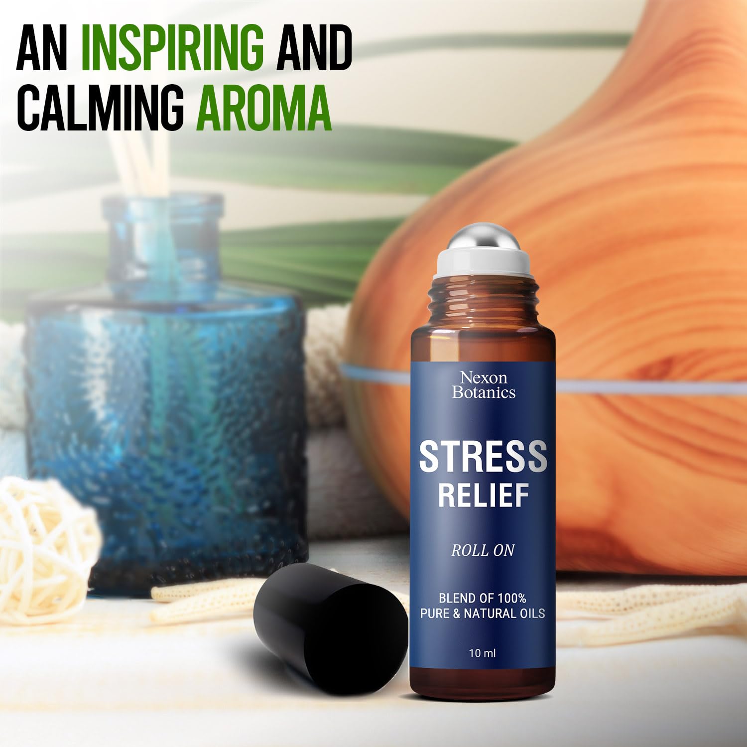 Nexon Botanics Stress Relief Roll-On on the neck for gentle unwinding.
