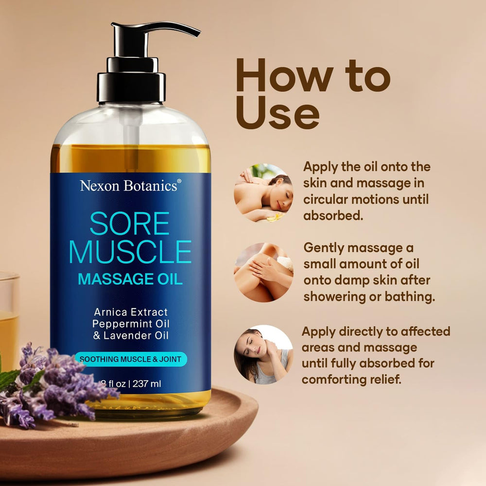 Nexon Botanics warming-comfort-massage-oil shows gentle heat to loosen stiffness.