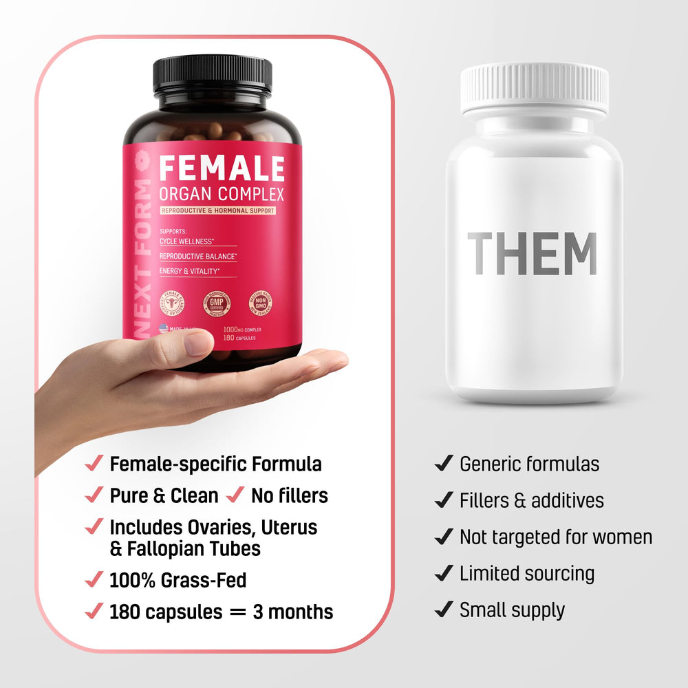 Next Form Beef Organ capsules closeup shows convenient 6-in-1 supplement.