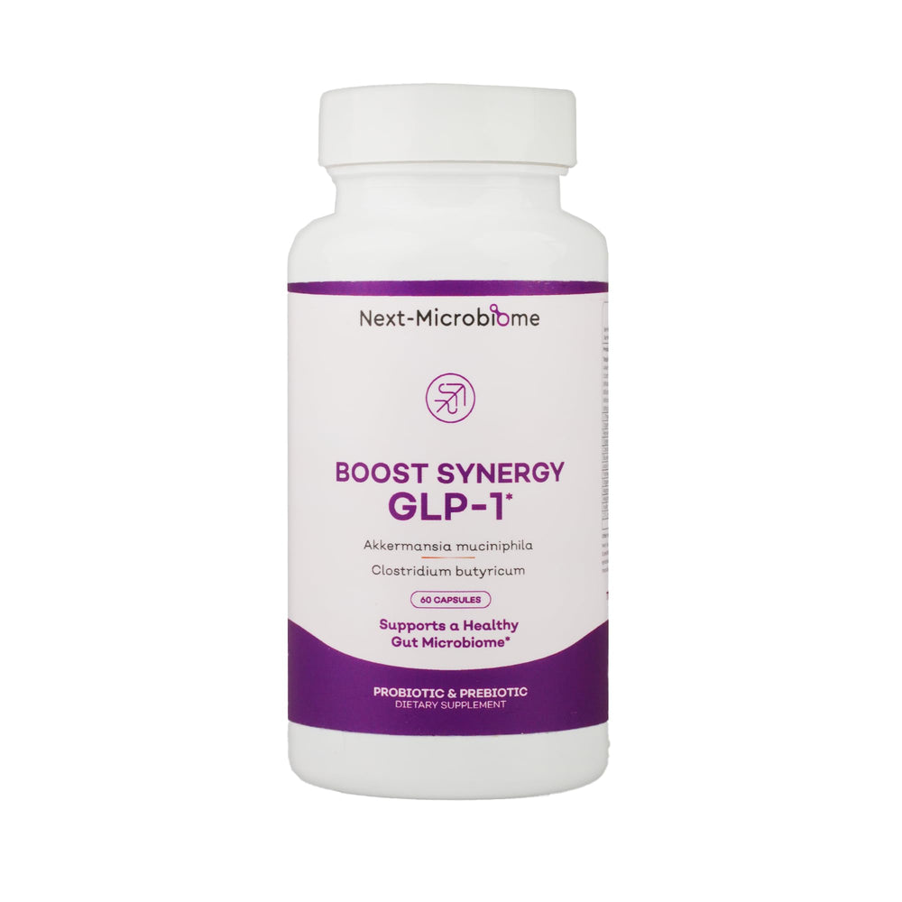 NEXT-MICROBIOME Boost Synergy bottle front for daily gut support.