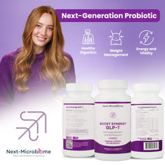 NEXT-MICROBIOME Boost Synergy bottle on desk suggesting daily wellness routine support.