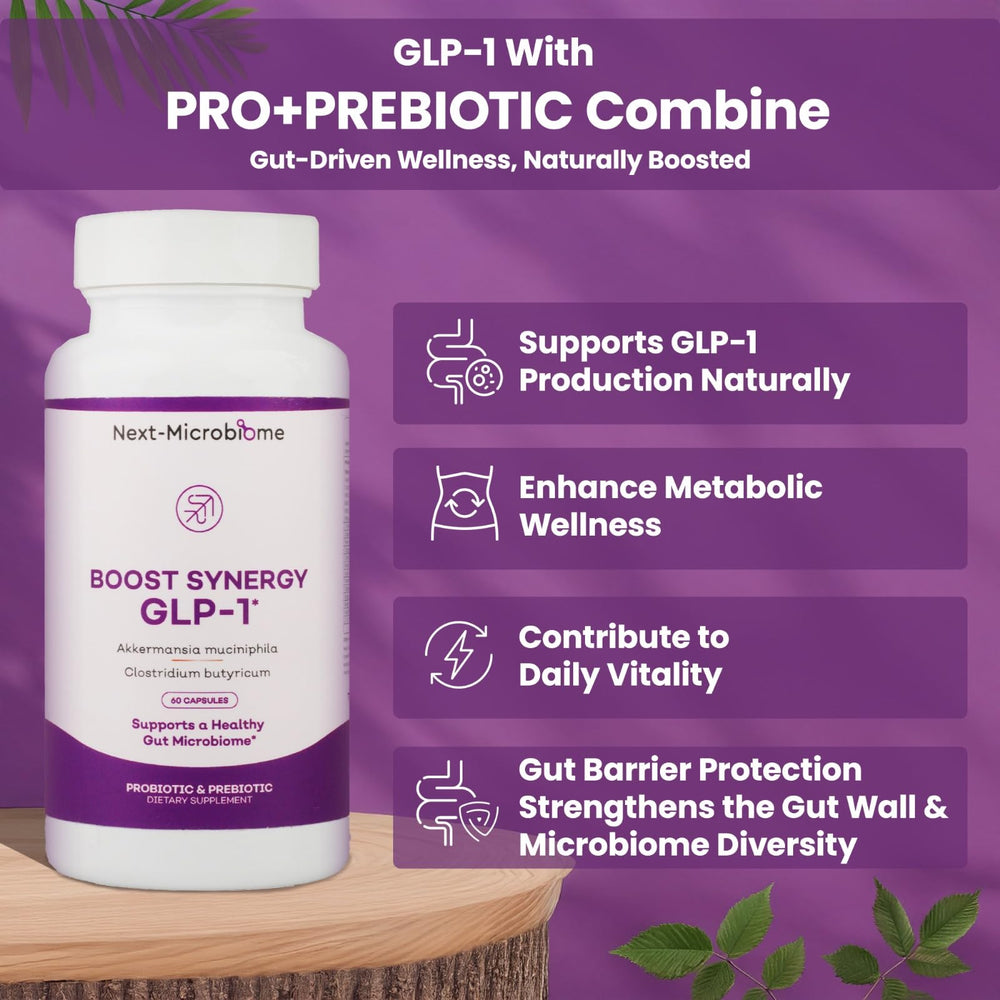 NEXT-MICROBIOME Boost Synergy label detail showing premium blend for microbiome diversity.