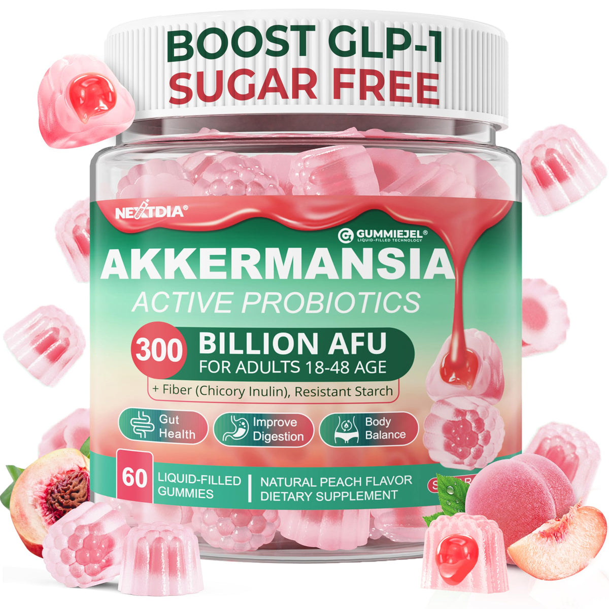 Nextdia Akkermansia Gummies jar closeup showing texture and peach flavor for gut support.