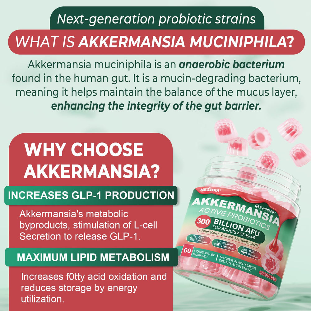 Nextdia Akkermansia Gummies label with prebiotics and vitamins for metabolic balance.