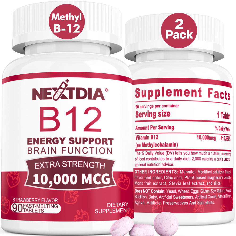 Nextdia B12 10000mcg sublingual strawberry dissolves quickly for energy support.