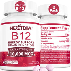 Nextdia B12 10000mcg sublingual strawberry dissolves quickly for energy support.