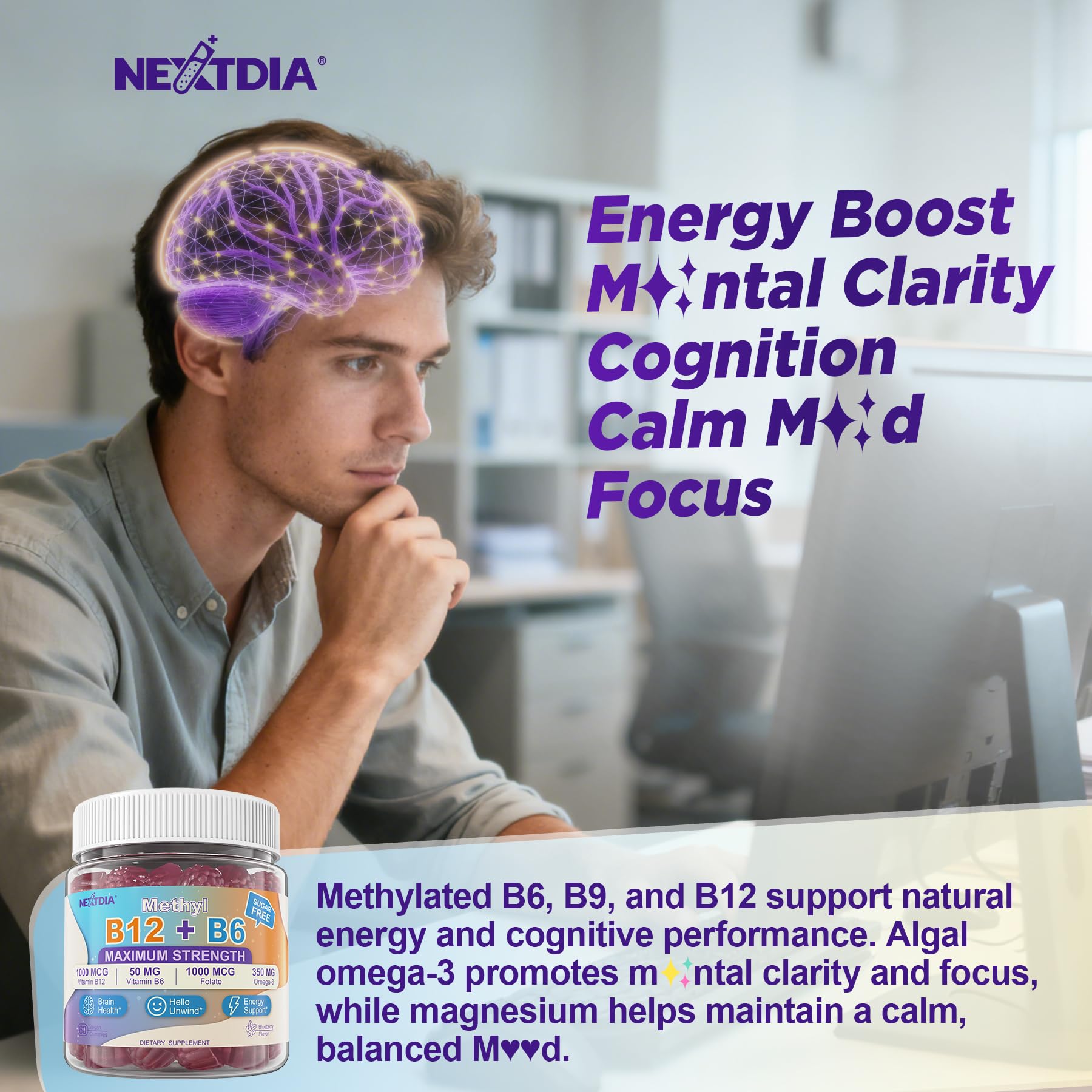 Nextdia B12 & B6 gummies omega-3 DHA bottle scene for brain function