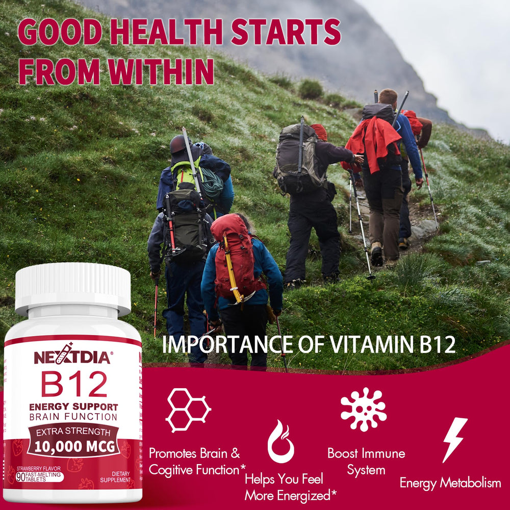 Nextdia B12 energy-boosting tablets enhance focus and brain function on busy days.