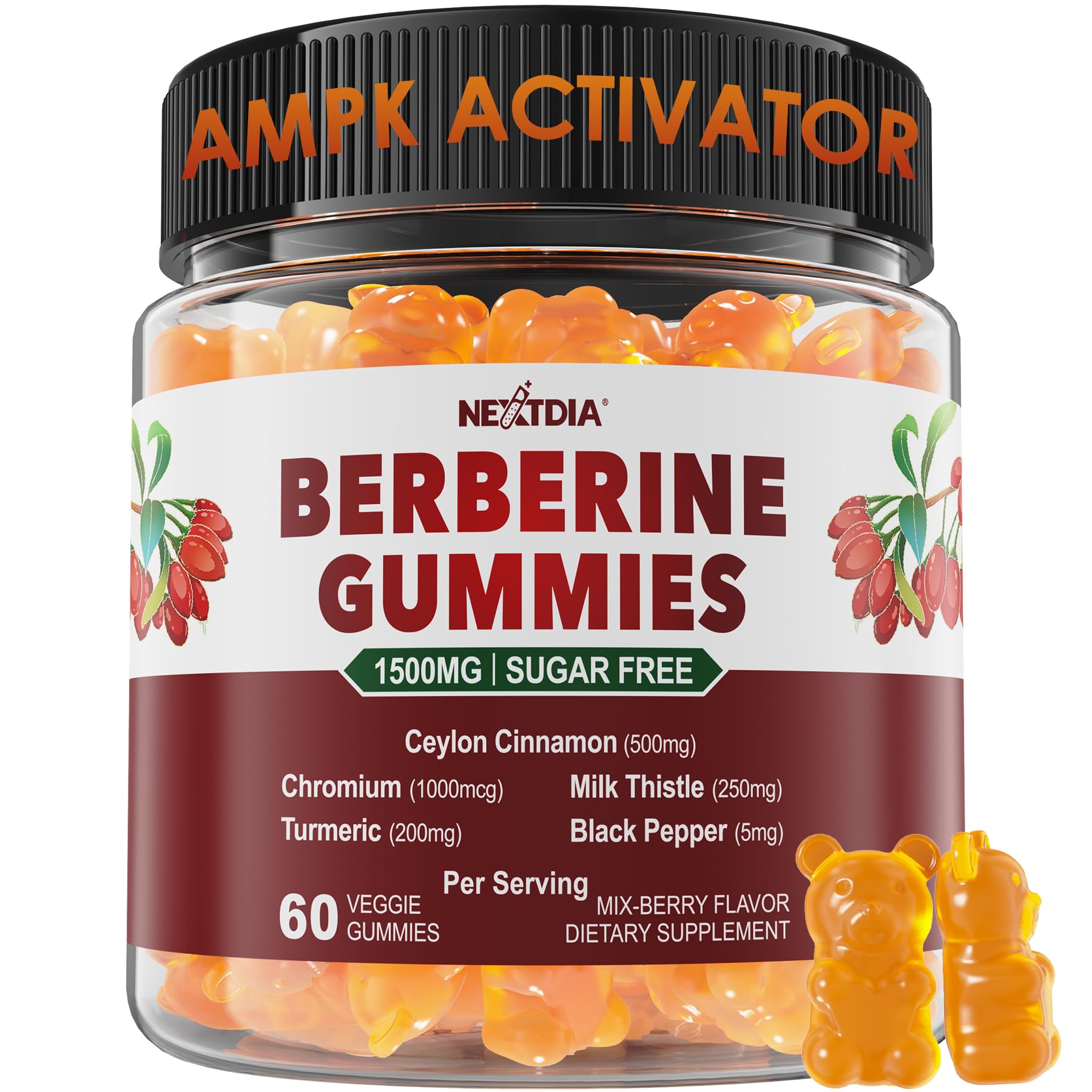 Nextdia Berberine Gummies bottle front—sugar-free vegan formula for daily wellness
