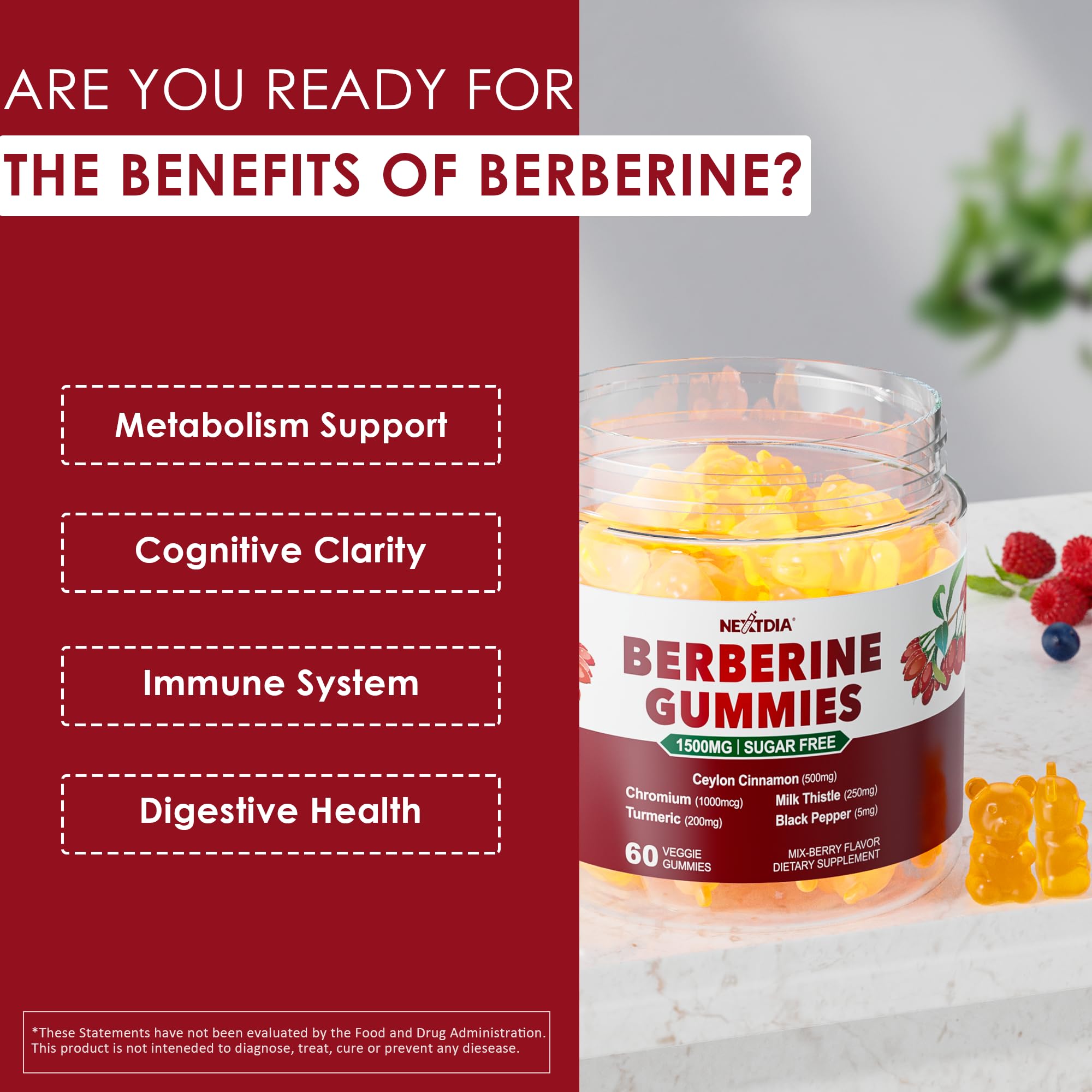 Nextdia Berberine Gummies ingredient panel—berberine, cinnamon, milk thistle blend