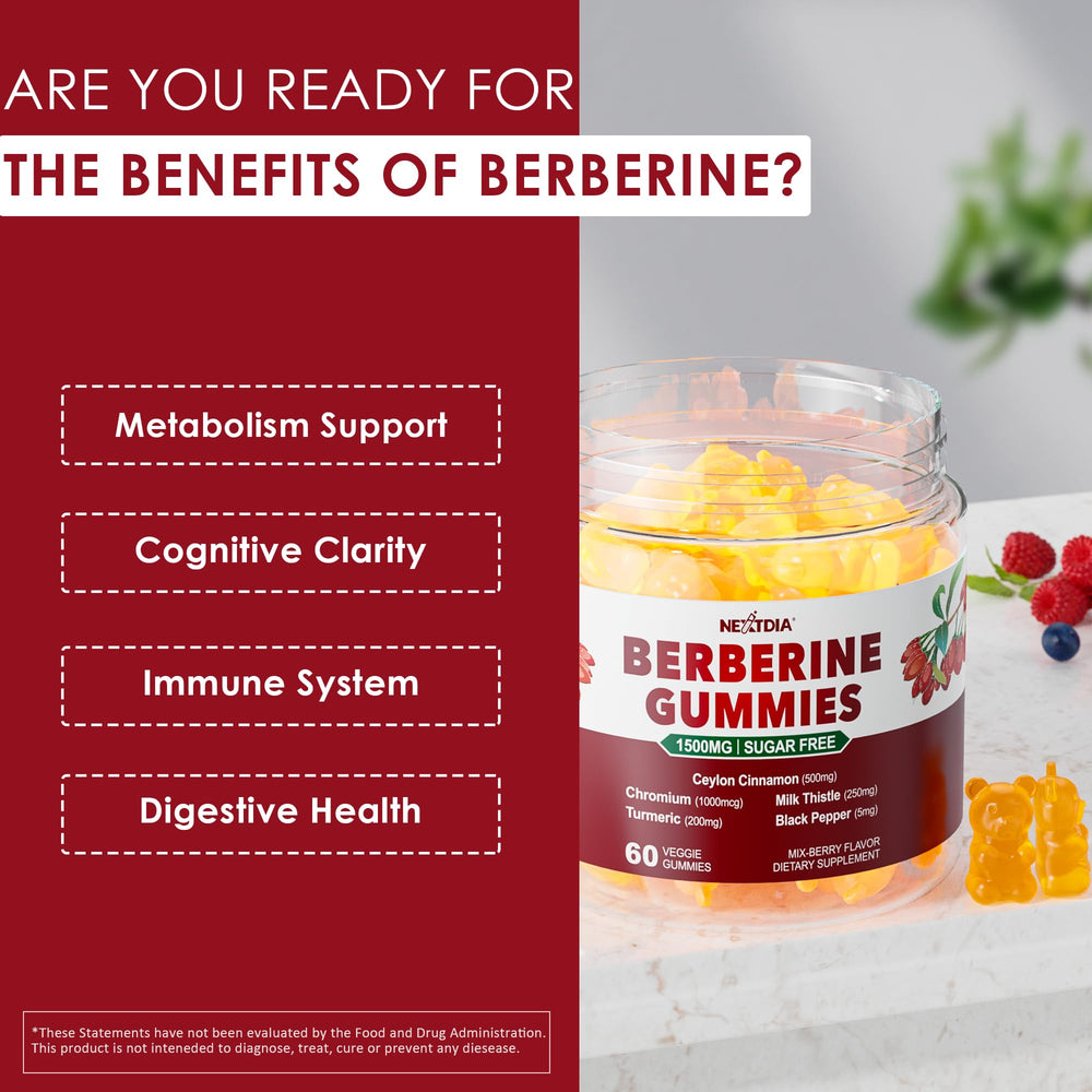 Nextdia Berberine Gummies ingredient panel—berberine, cinnamon, milk thistle blend