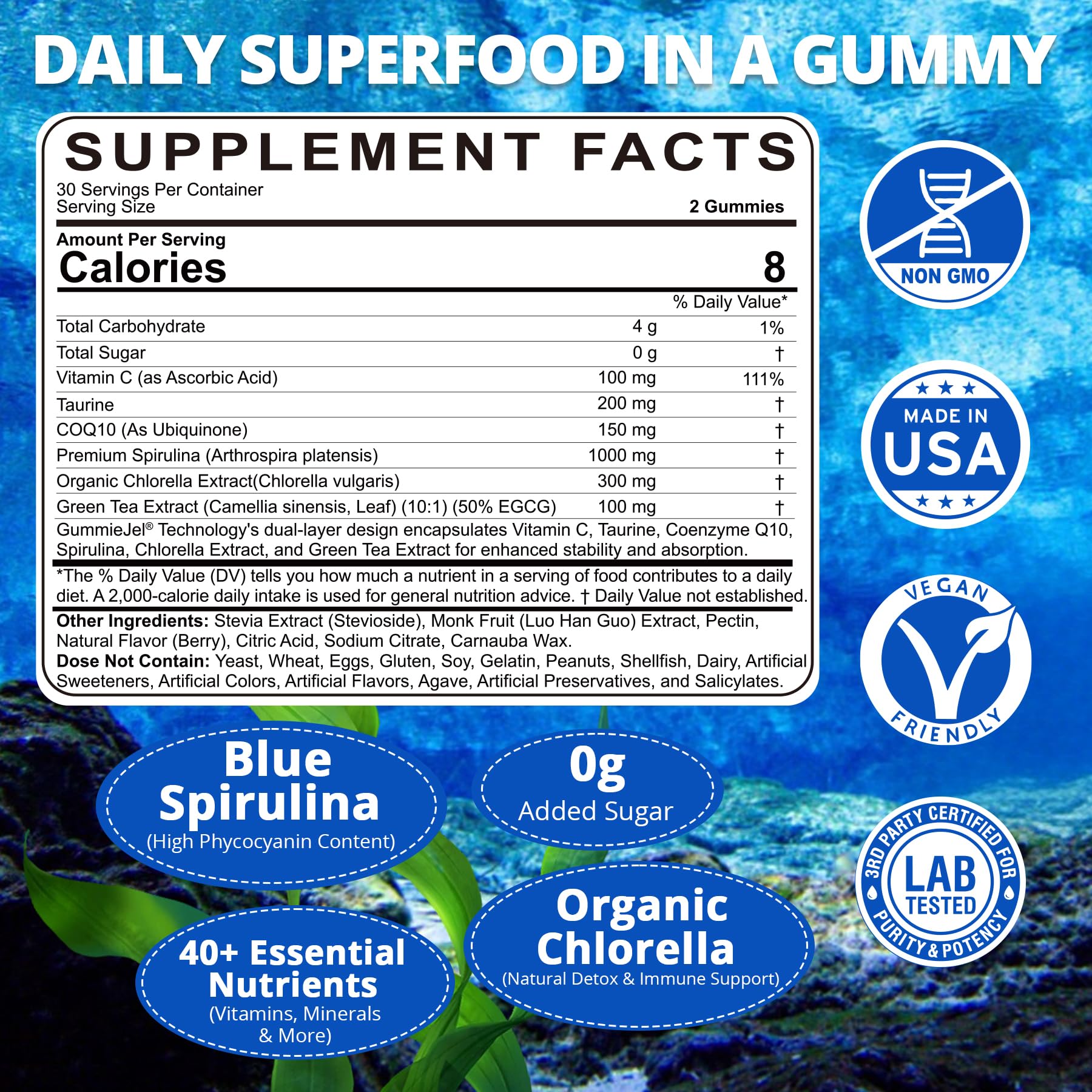 Nextdia Blue Spirulina Gummies closeup, juicy blue flavor and liquid-filled texture.