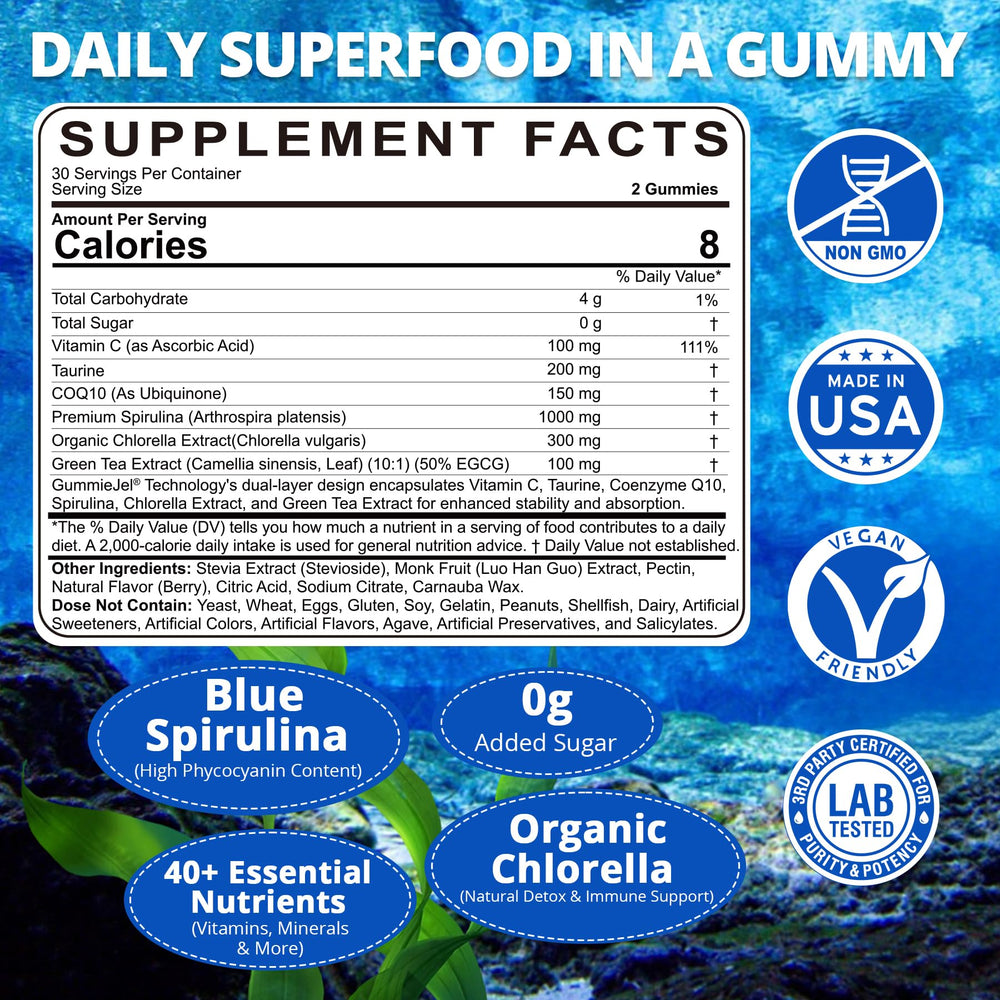 Nextdia Blue Spirulina Gummies closeup, juicy blue flavor and liquid-filled texture.