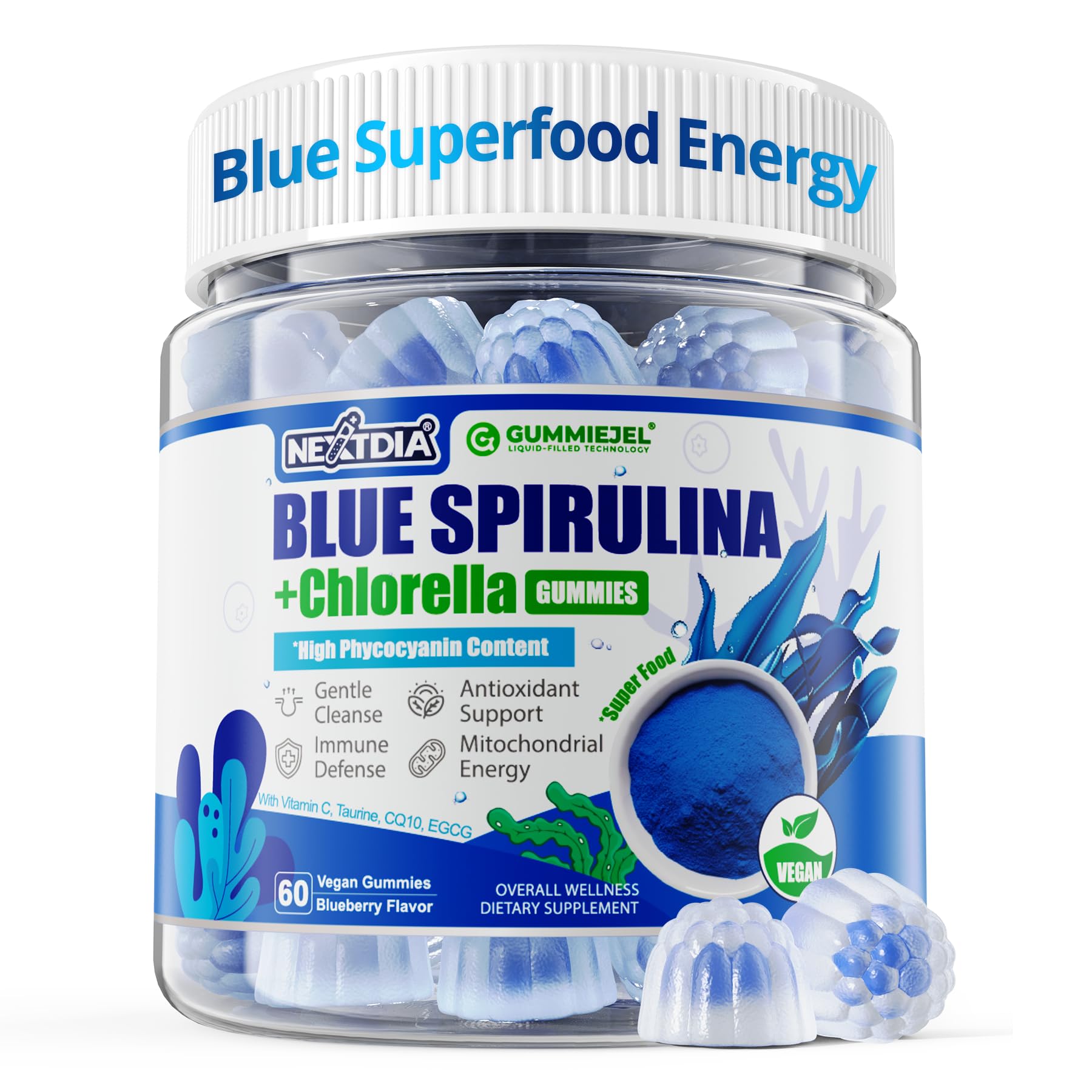 Nextdia Blue Spirulina Gummies bottle front, sugar-free vegan snack with antioxidants.