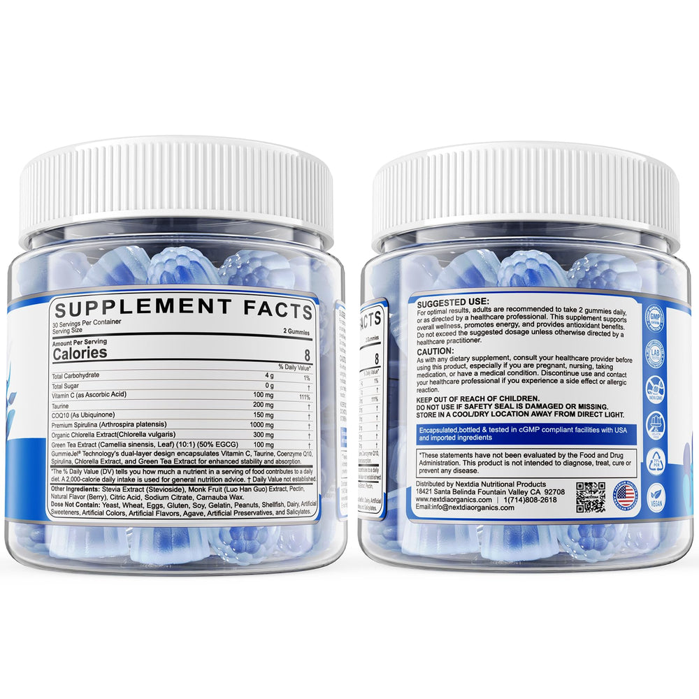 Nextdia Blue Spirulina Gummies on kitchen counter, convenient daily wellness.