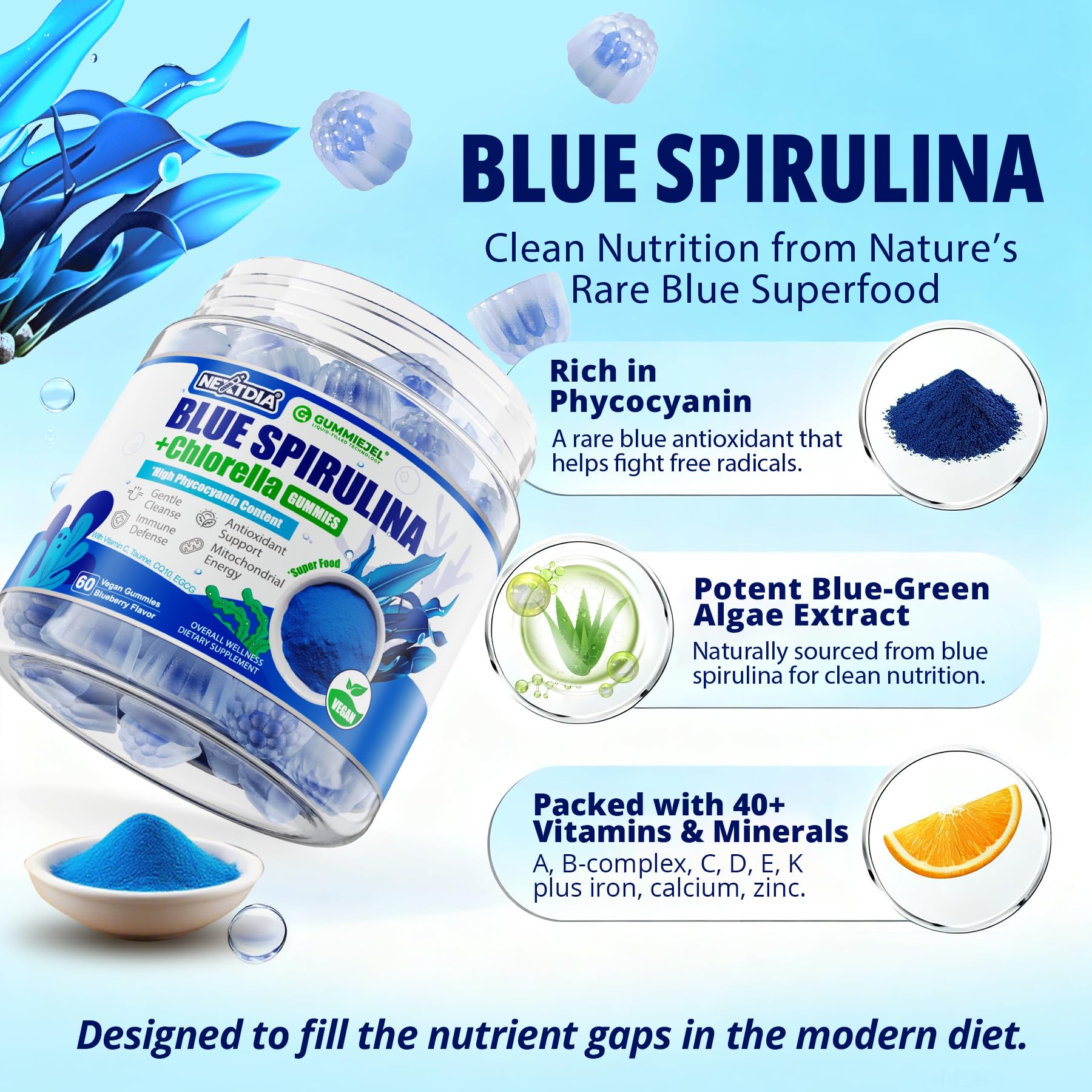 Nextdia Blue Spirulina Gummies label front, non-GMO vegan formula.