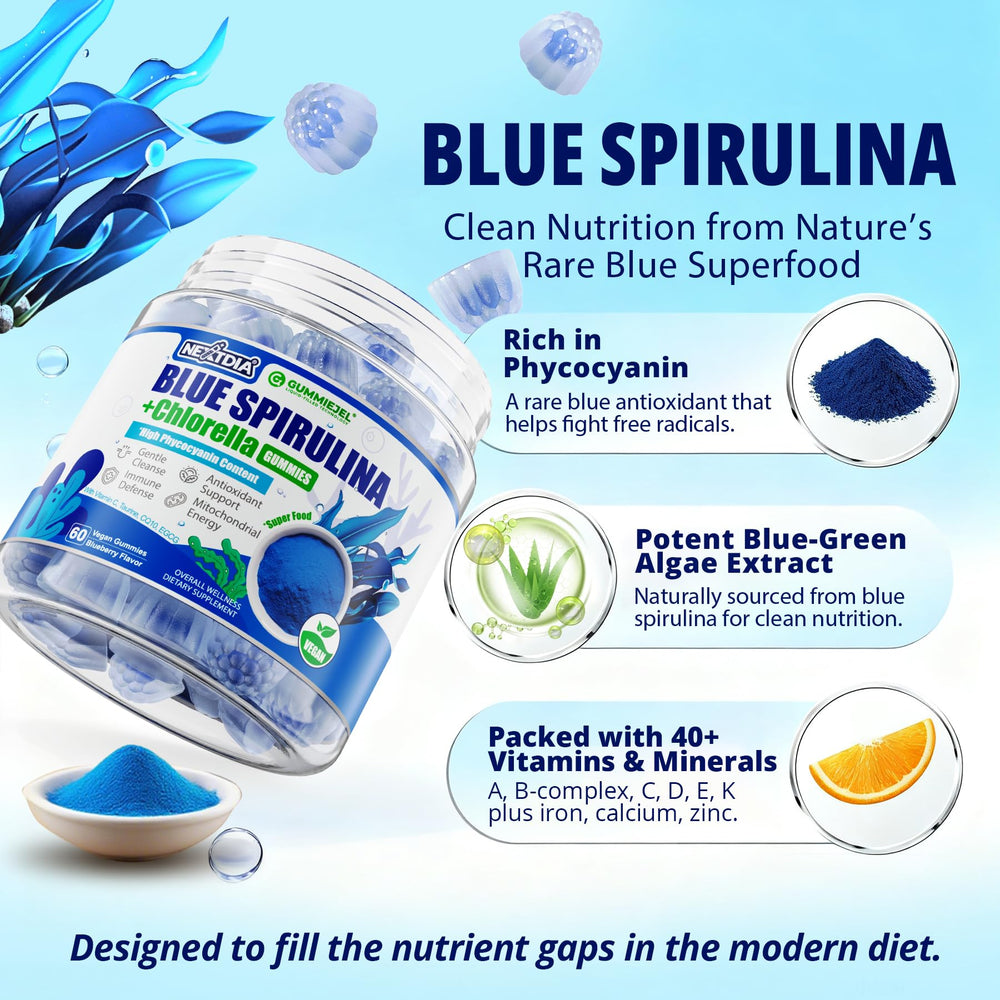 Nextdia Blue Spirulina Gummies label front, non-GMO vegan formula.