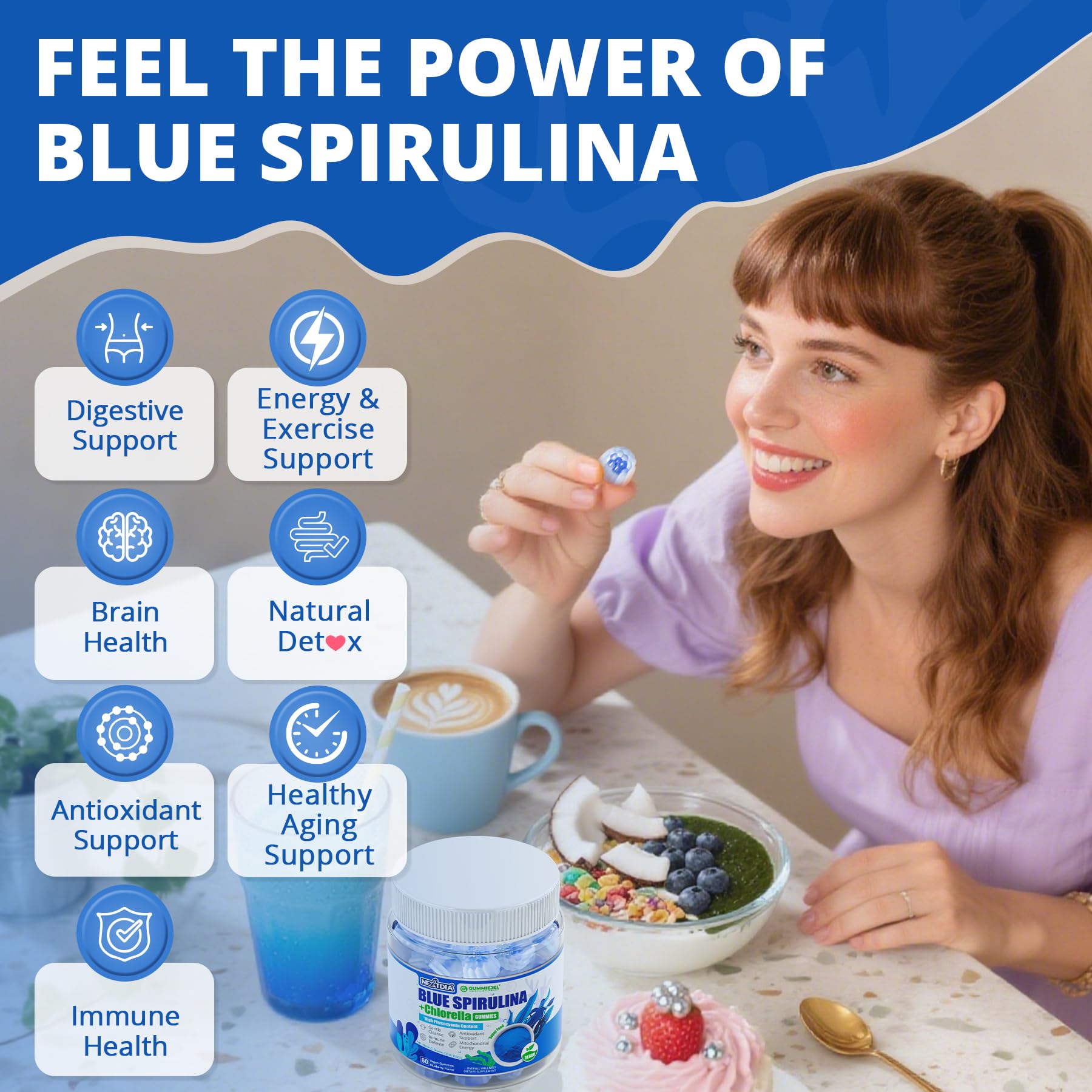 Nextdia Blue Spirulina Gummies packaging, vegan and gluten-free badge.