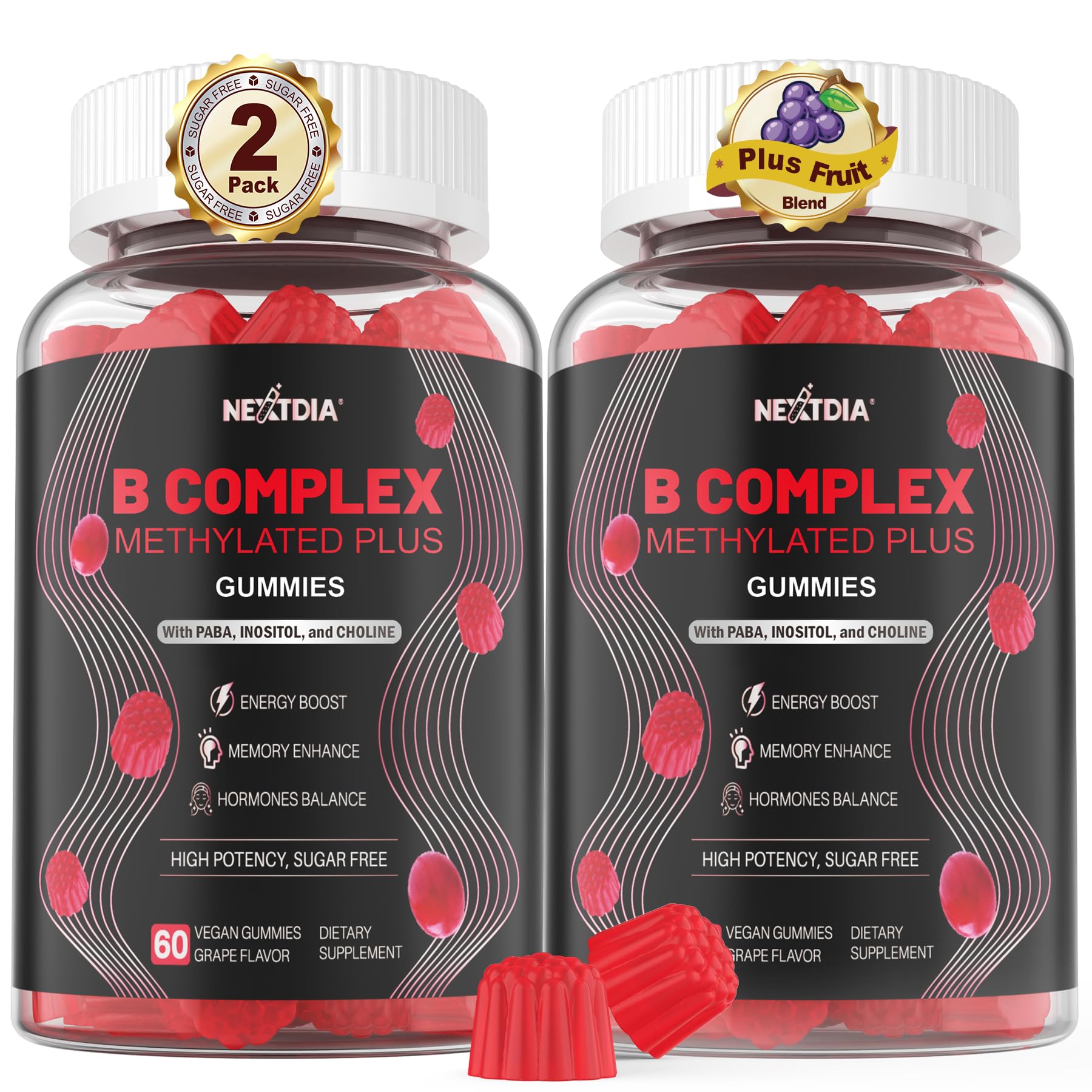 Nextdia Brain & Mood Gummies bottle front, showcasing vegan B-complex for energy support.